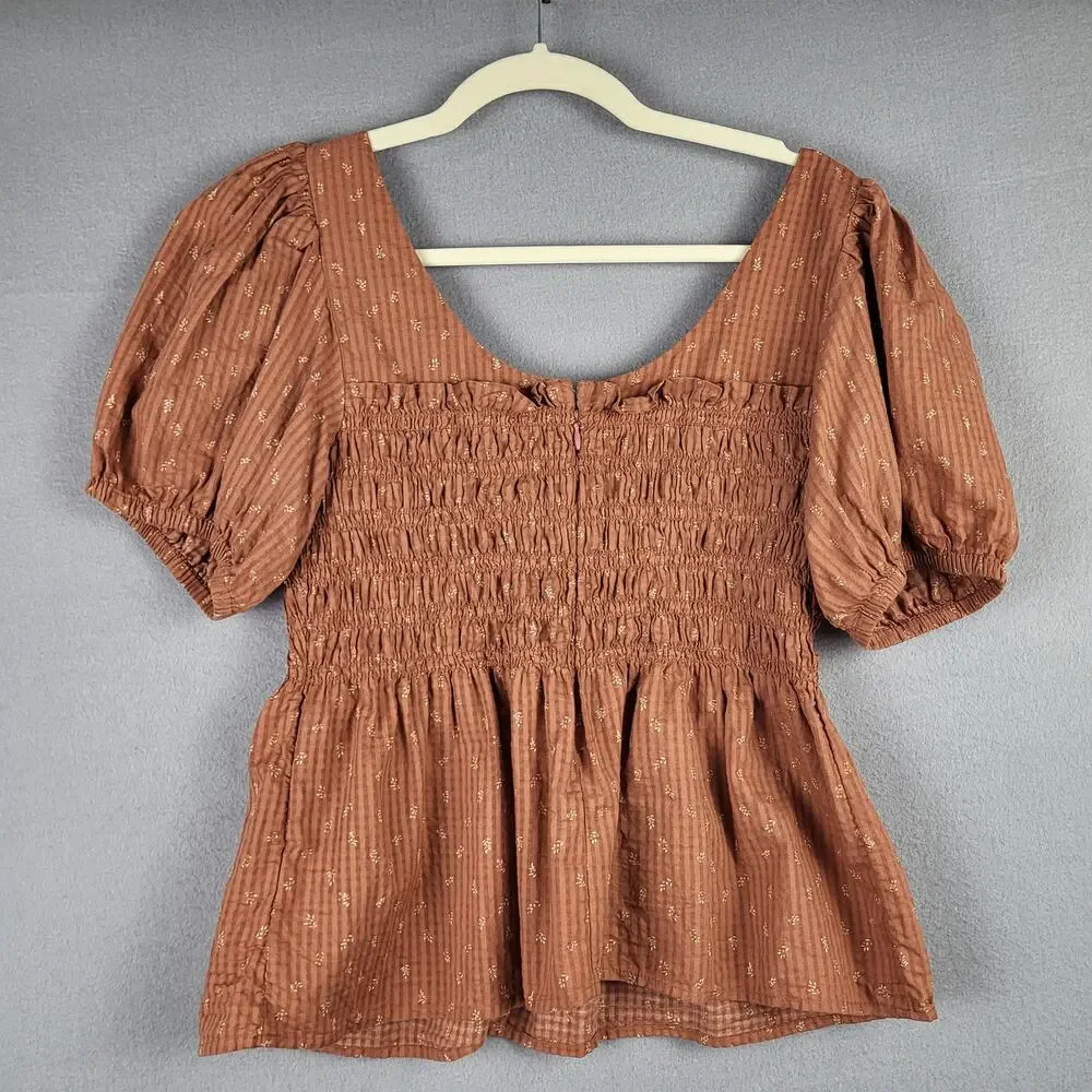 Madewell Size 4 Bubble Sleeve Smocked Peplum Top Orange Rust Cottagecore Prairie